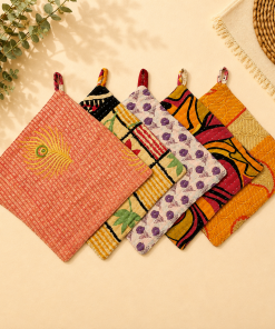 Alternative view of Set of 4 Vintage Kantha Pot Holders – Handmade Cotton Sari Hot Pads