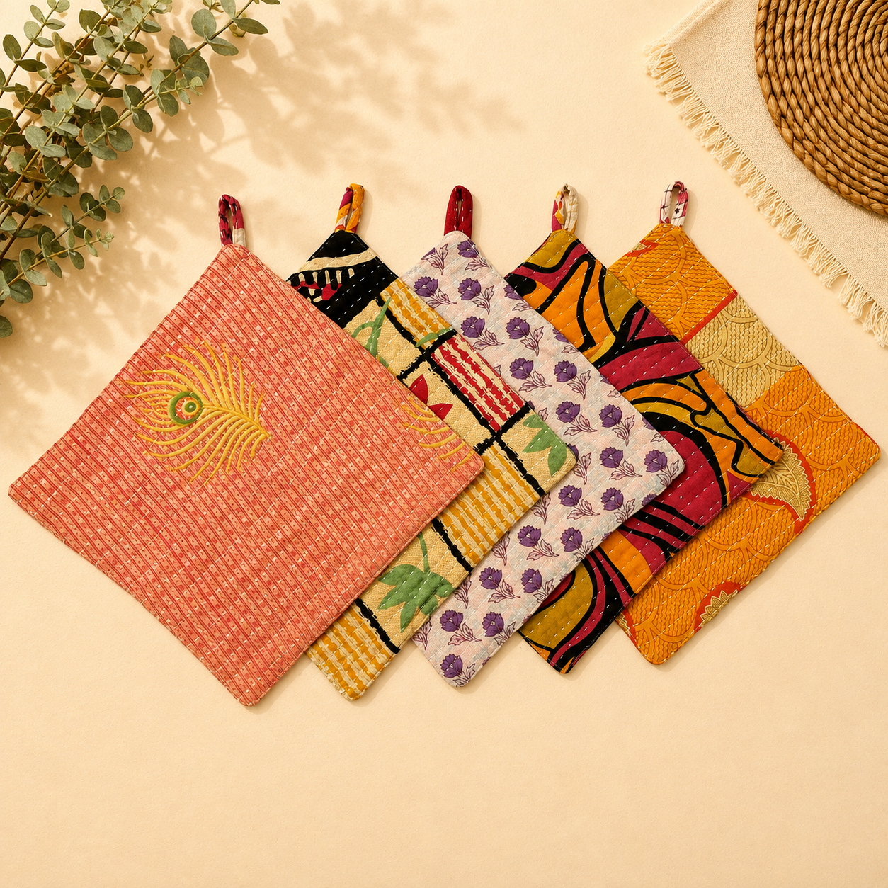Set of 4 Vintage Kantha Pot Holders – Handmade Cotton Sari Hot Pads - Image 3