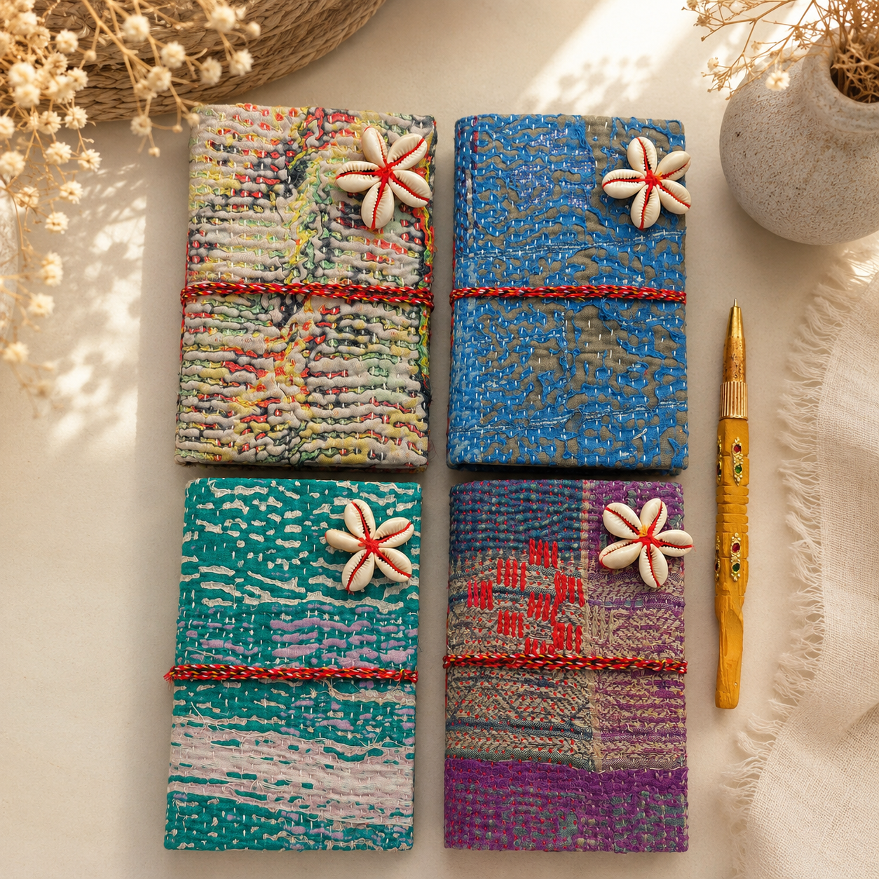 Set of 4 Vintage Kantha Handmade Journals – Recycled Sari Fabric Notebook, Boho Patchwork Diary, Indian Textile Journal - Image 3