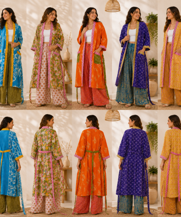 Alternative view of Vintage Kantha Kimono Robe 1 Pcs – Reversible Cotton Sari Patchwork Long Jacket