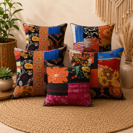 Vintage Kantha Patchwork Pillow Cover 18x18 Inch – Handmade Colorful Boho Cushion Cover, Indian Cotton Decorative Throw Pillow – 5 Piece