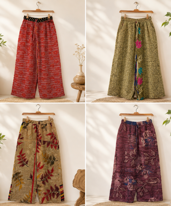 Alternative view of Vintage Kantha Wide Leg Pants 1 Pcs – Handmade Cotton Sari Palazzo Trousers