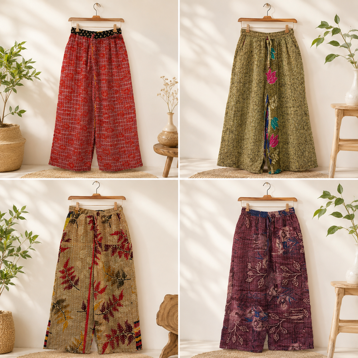 Vintage Kantha Wide Leg Pants 1 Pcs, Handmade Cotton Sari Palazzo Trousers, Boho Printed Relaxed Pants, Assorted Indian Kantha Bottoms - Image 3