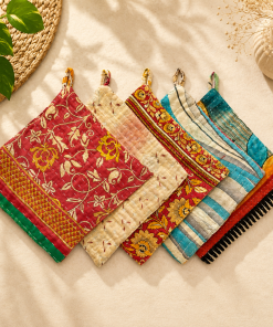 Alternative view of Set of 4 Vintage Kantha Pot Holders – Handmade Cotton Sari Hot Pads