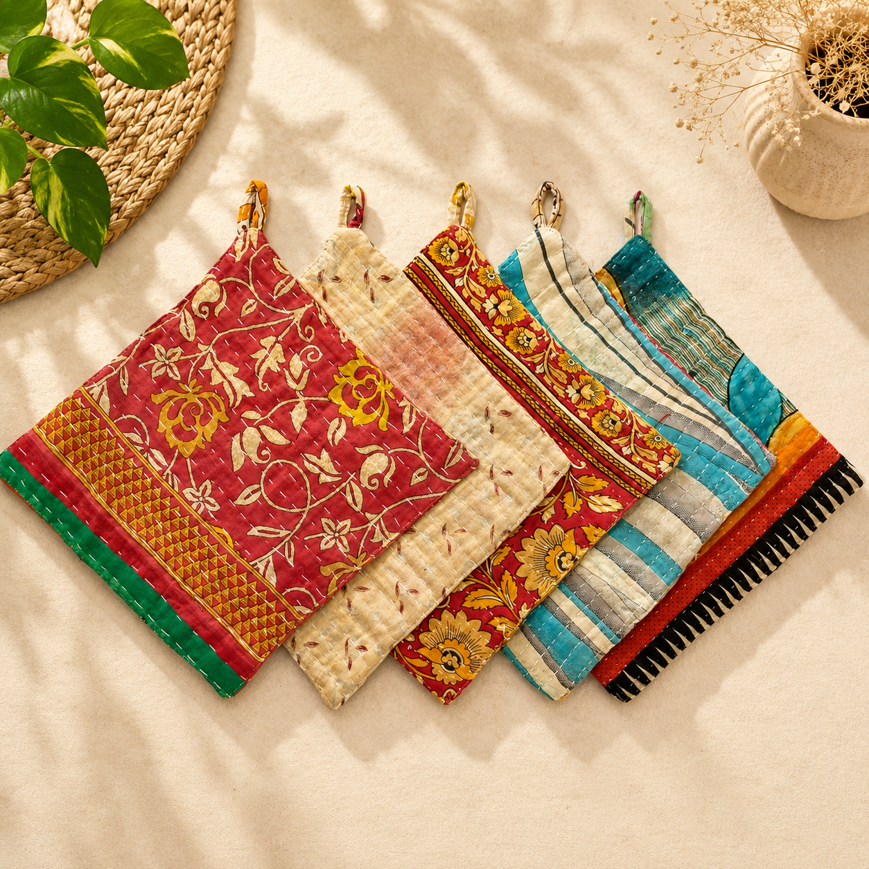 Set of 4 Vintage Kantha Pot Holders – Handmade Cotton Sari Hot Pads - Image 7