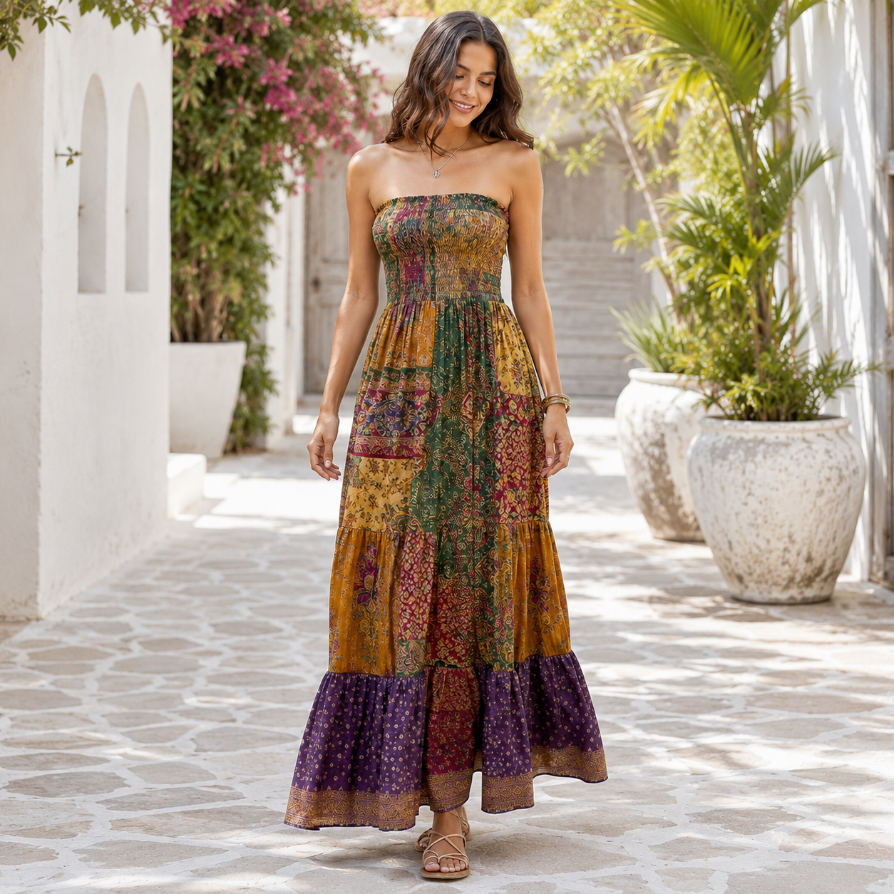 Handmade Silk Strapless Smocked Maxi Dress for Women – Boho Patchwork Summer Beach Dress with Pockets 25 Pcs Lot - Image 5