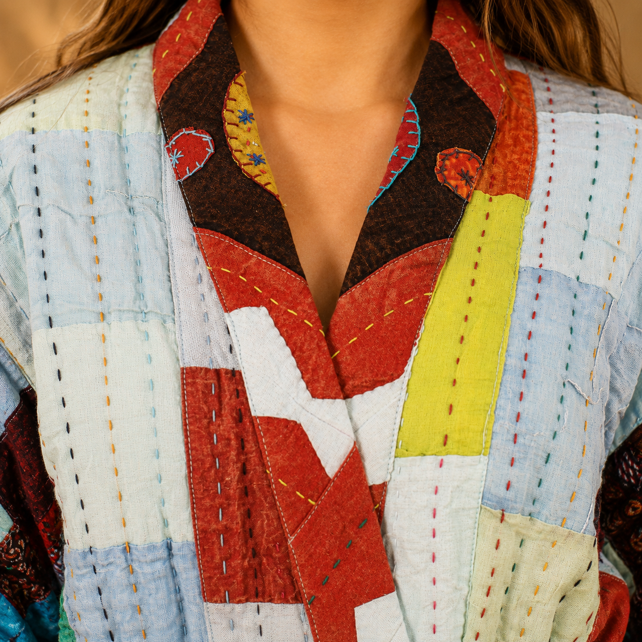Light Blue Multicolor Patchwork Kantha Jacket – 3 Layer Cotton Hand Stitched Boho Coat - Image 3