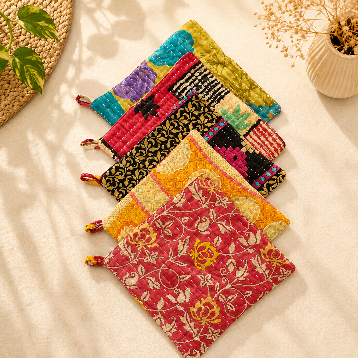 Set of 4 Vintage Kantha Pot Holders – Handmade Cotton Sari Hot Pads - Image 5