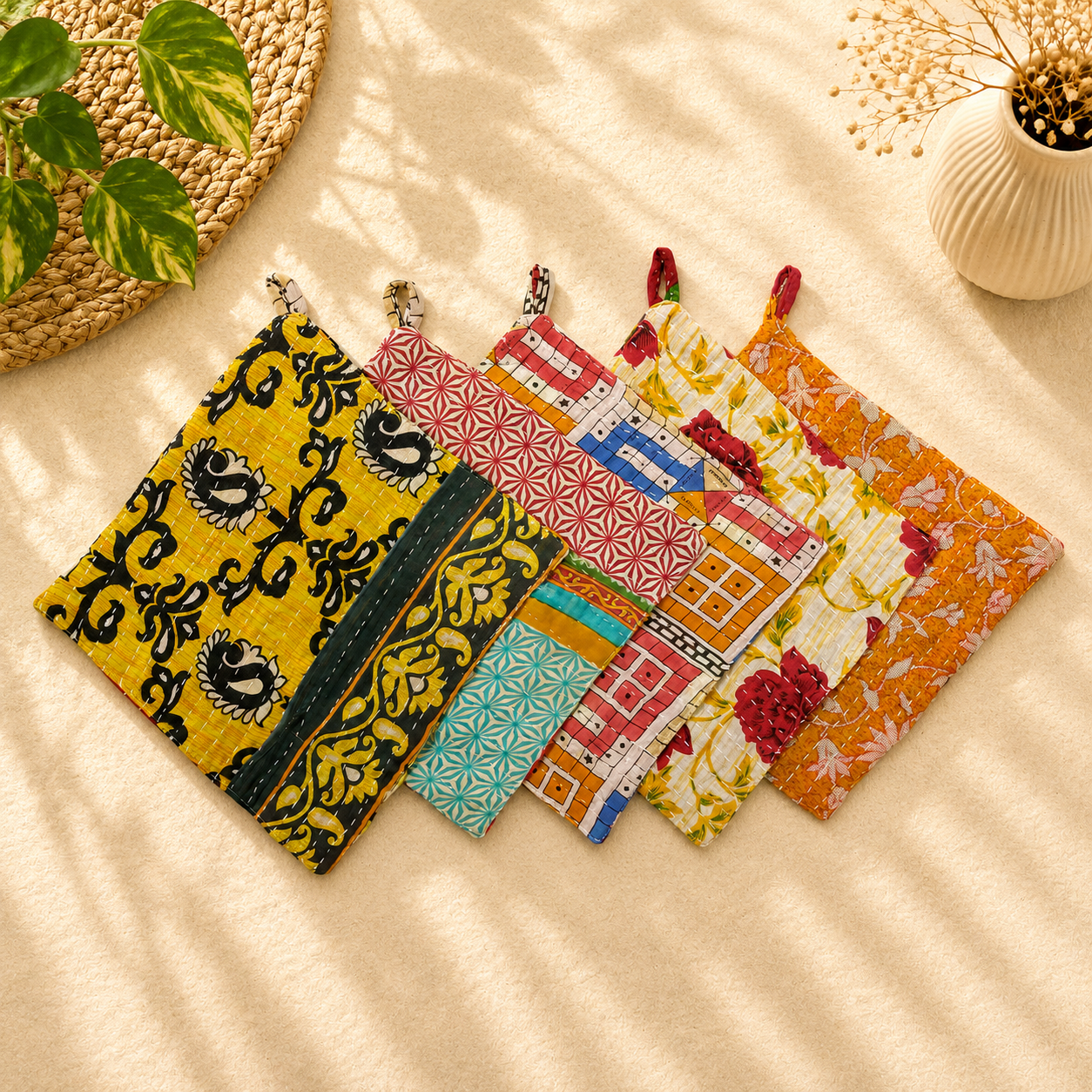Set of 4 Vintage Kantha Pot Holders – Handmade Cotton Sari Hot Pads