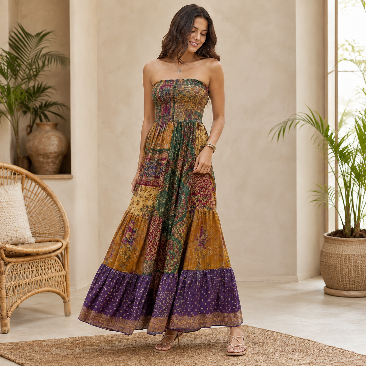 Handmade Silk Strapless Smocked Maxi Dress for Women – Boho Patchwork Summer Beach Dress with Pockets 25 Pcs Lot - Image 6