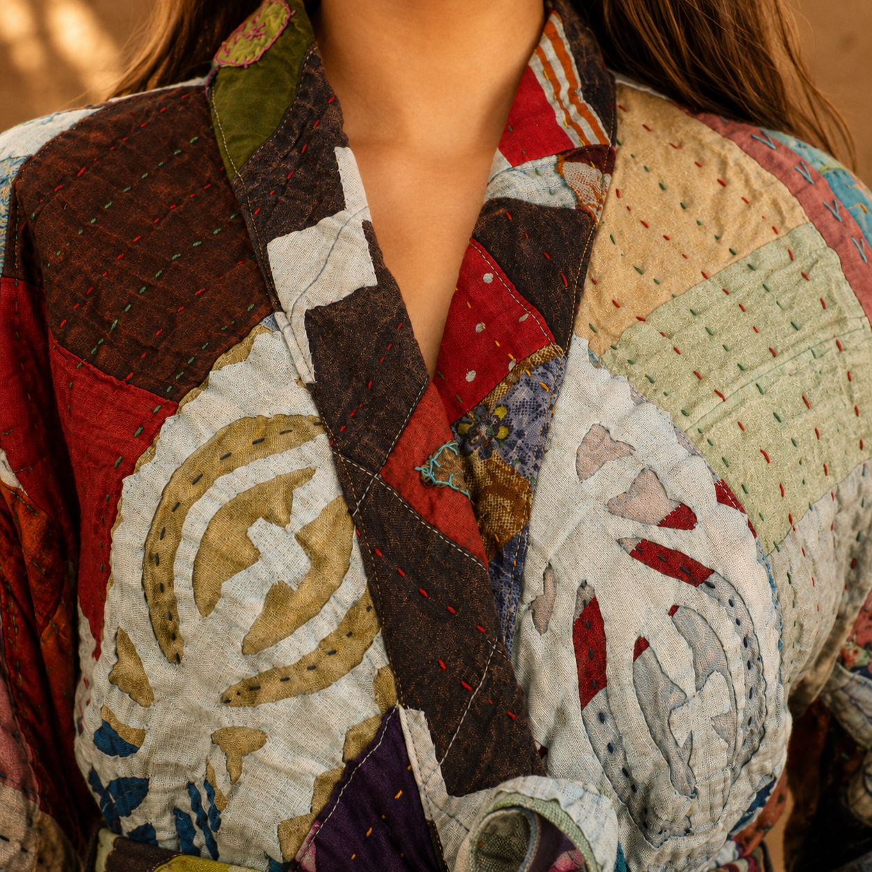 Rust Red & Sage Green Multicolor Patchwork Kantha Jacket – 3 Layer Cotton Boho Coat - Image 5