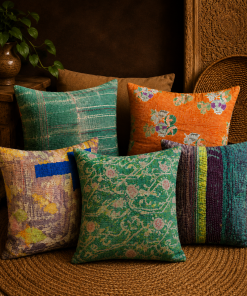 Set of 5 Vintage Kantha Pillow Covers 18x18 Inches – Handmade Patchwork Cushion Covers, Boho Indian Home Decor