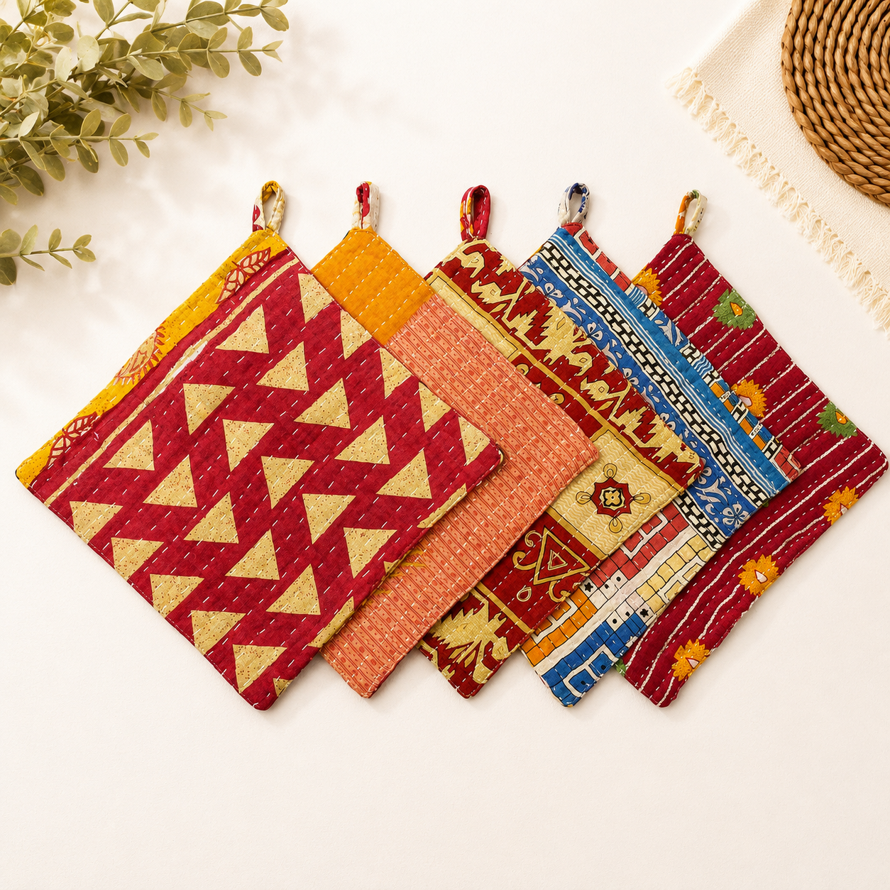 Set of 4 Vintage Kantha Pot Holders – Handmade Cotton Sari Hot Pads