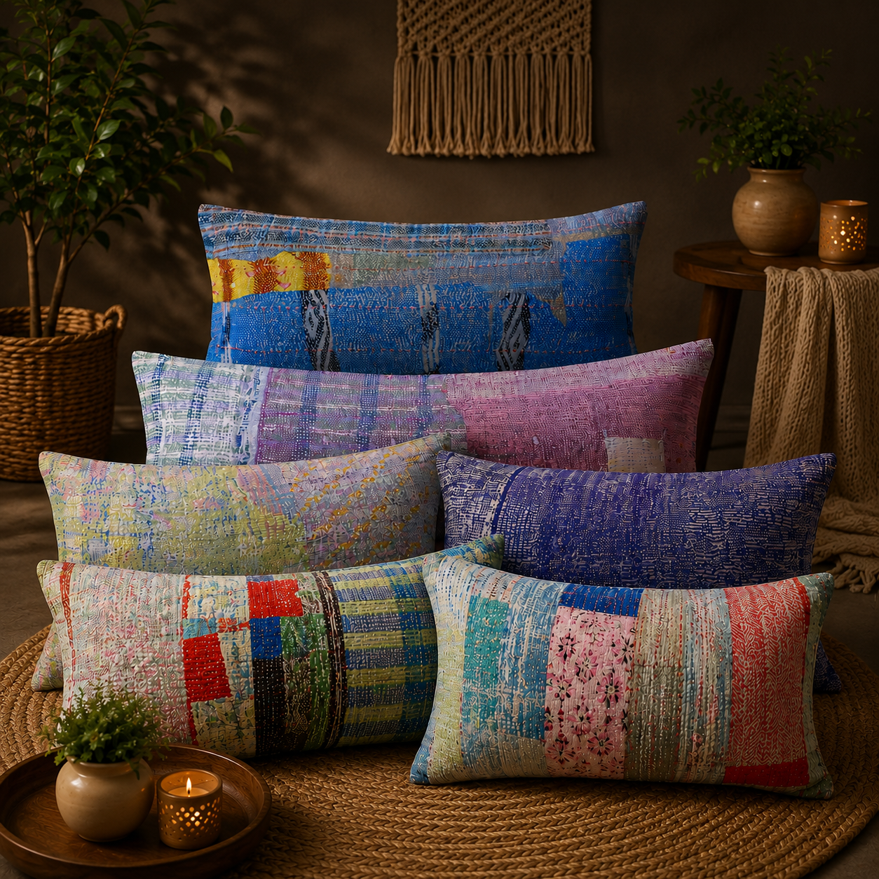 Set of 5 Vintage Kantha Pillow Covers 18x18 Inches – Handmade Patchwork Cushion Covers, Boho Indian Home Decor - Image 2