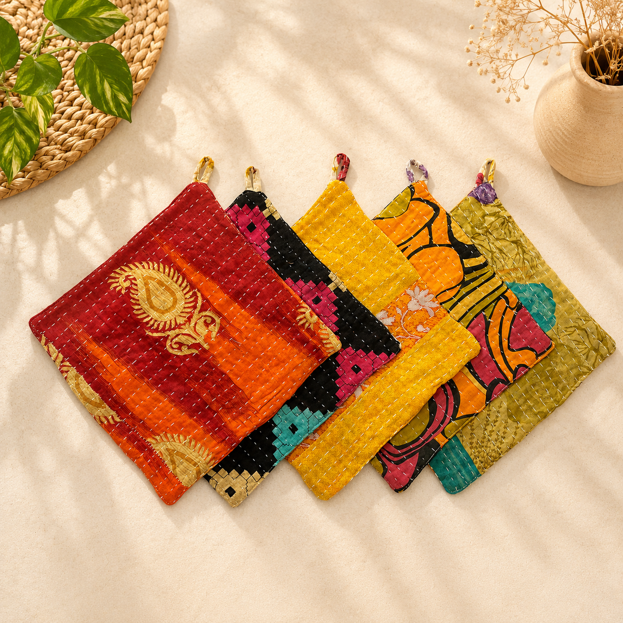 Set of 4 Vintage Kantha Pot Holders – Handmade Cotton Sari Hot Pads - Image 4