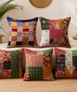 Set of 5 Vintage Kantha Patchwork Pillow Covers 18x18 Inches – Handmade Indian Cotton Cushion Covers – Boho Sofa Décor