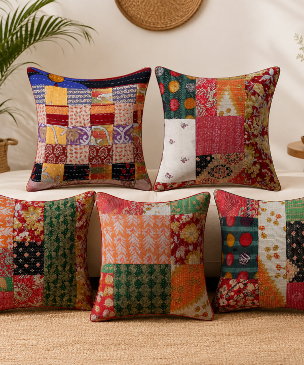 Set of 5 Vintage Kantha Patchwork Pillow Covers 18x18 Inches – Handmade Indian Cotton Cushion Covers – Boho Sofa Décor