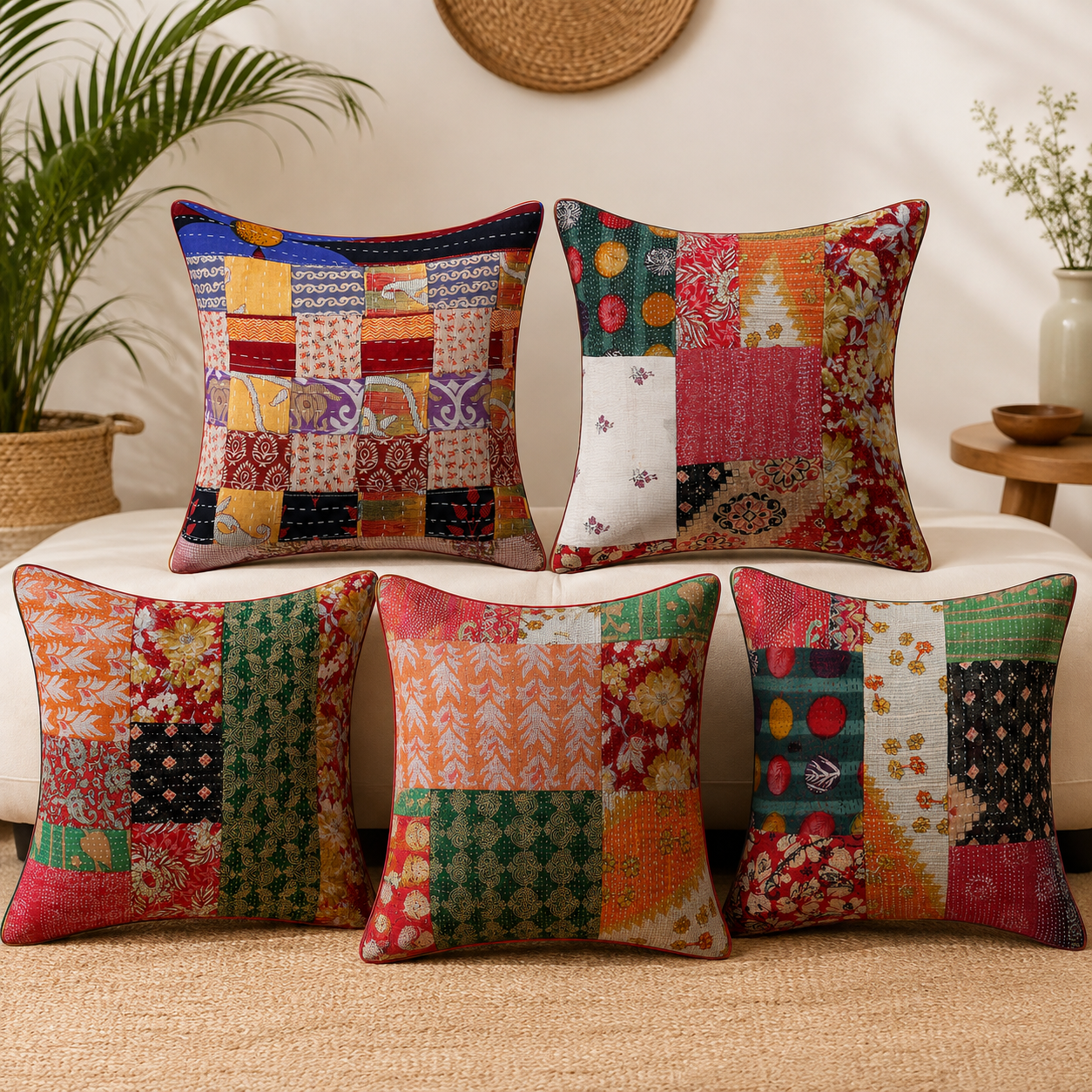 Set of 5 Vintage Kantha Patchwork Pillow Covers 18x18 Inches – Handmade Indian Cotton Cushion Covers – Boho Sofa Décor