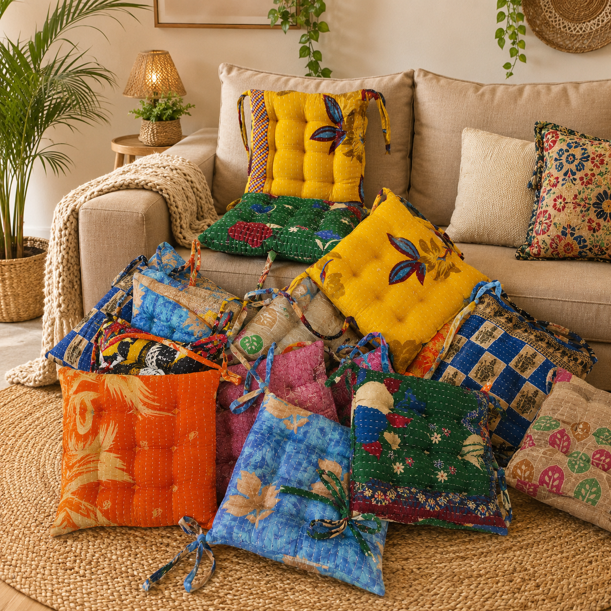 Vintage Kantha Chair Pad 15x15 Inches with Ties – Handmade Cotton Patchwork Seat Cushion – Boho Indian Chair Cushion – 1 Piece - Image 5