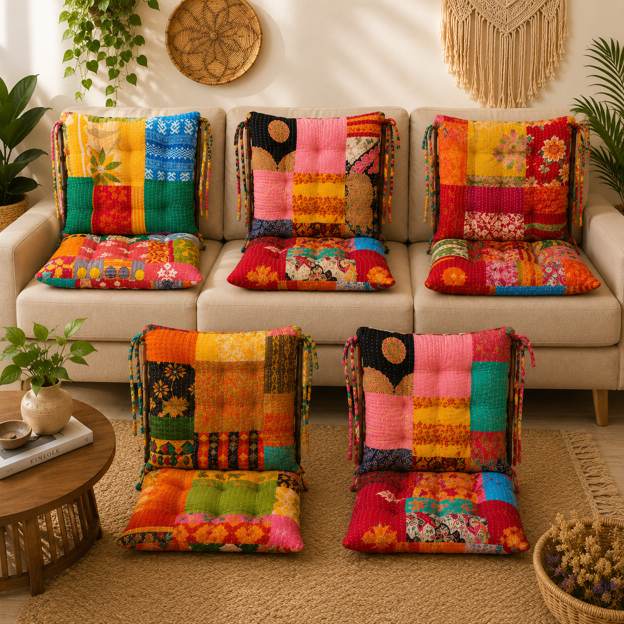 12x12 Vintage Kantha Chair Pad – Handmade Patchwork Cotton Seat Cushion - Image 2