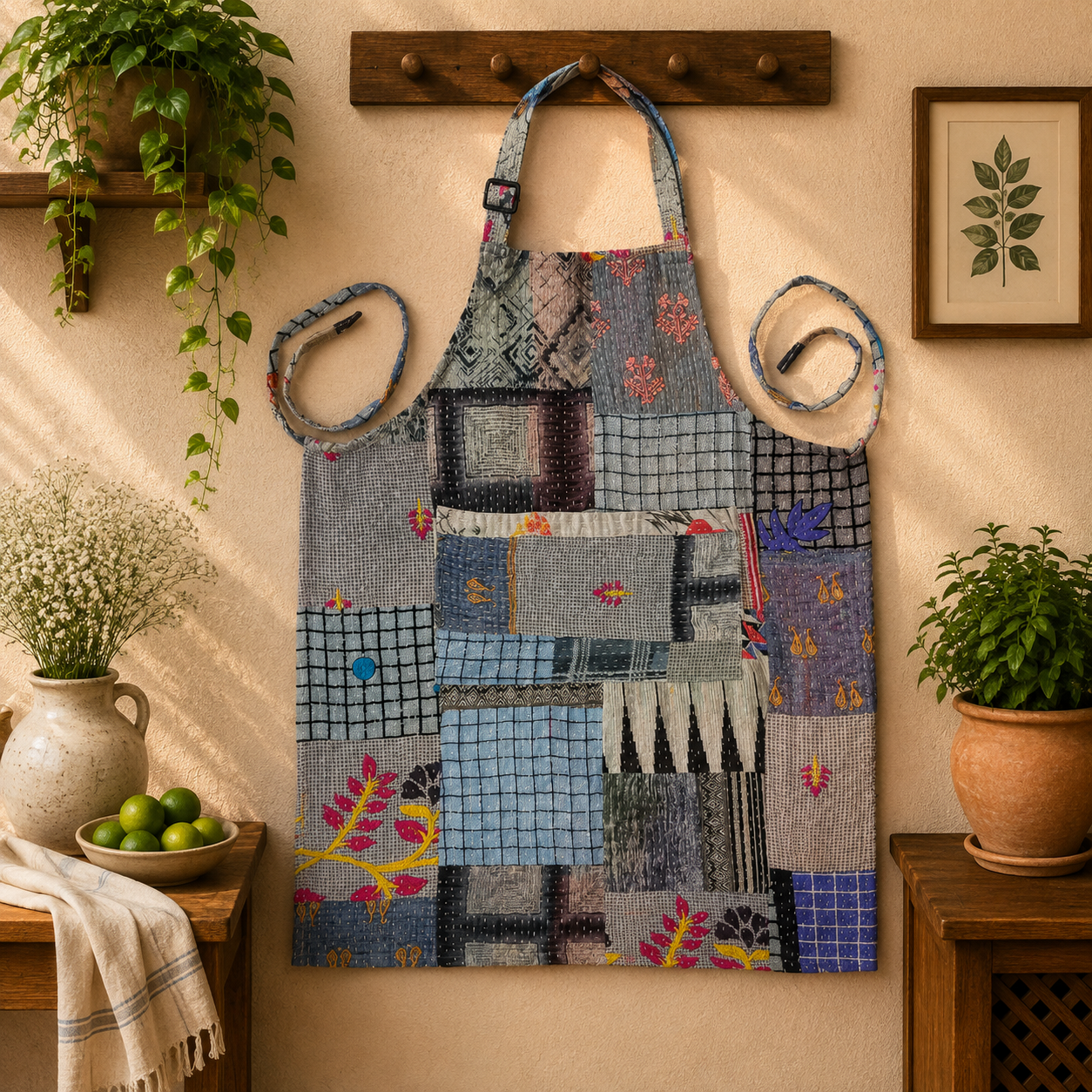 Blue Grey Vintage Kantha Patchwork Apron – Handmade Cotton Sari Kitchen Apron - Image 2