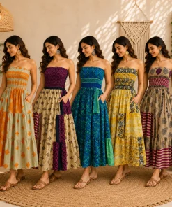 Alternative view of Handmade Silk Strapless Smocked Maxi Dress for Women – Boho Patchwork Summer Beach Dress with Pockets 25 Pcs Lot