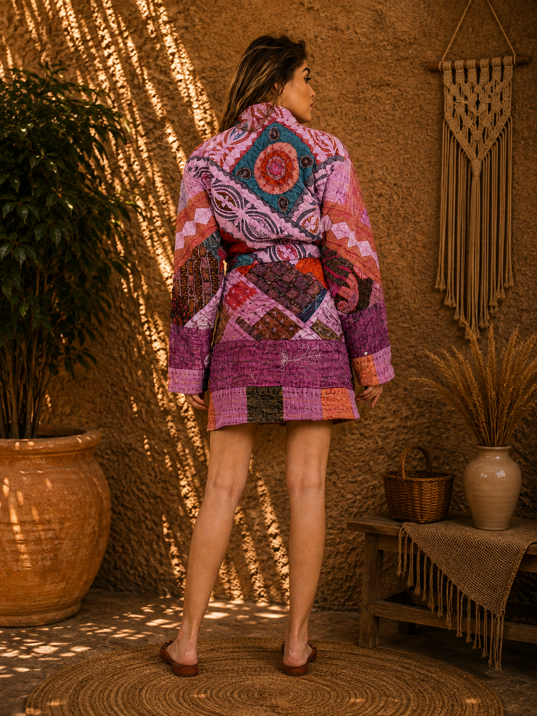 Pink & Orange Patchwork Kantha Kimono Jacket – Handmade Cotton Belted Boho Robe for Women - Image 4
