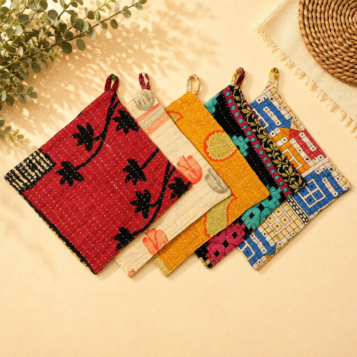 Set of 4 Vintage Kantha Pot Holders – Handmade Cotton Sari Hot Pads - Image 3