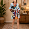 Light Blue Multicolor Patchwork Kantha Kimono Jacket – Handmade 3 Layer Cotton Belted Boho Robe for Women - Image 2