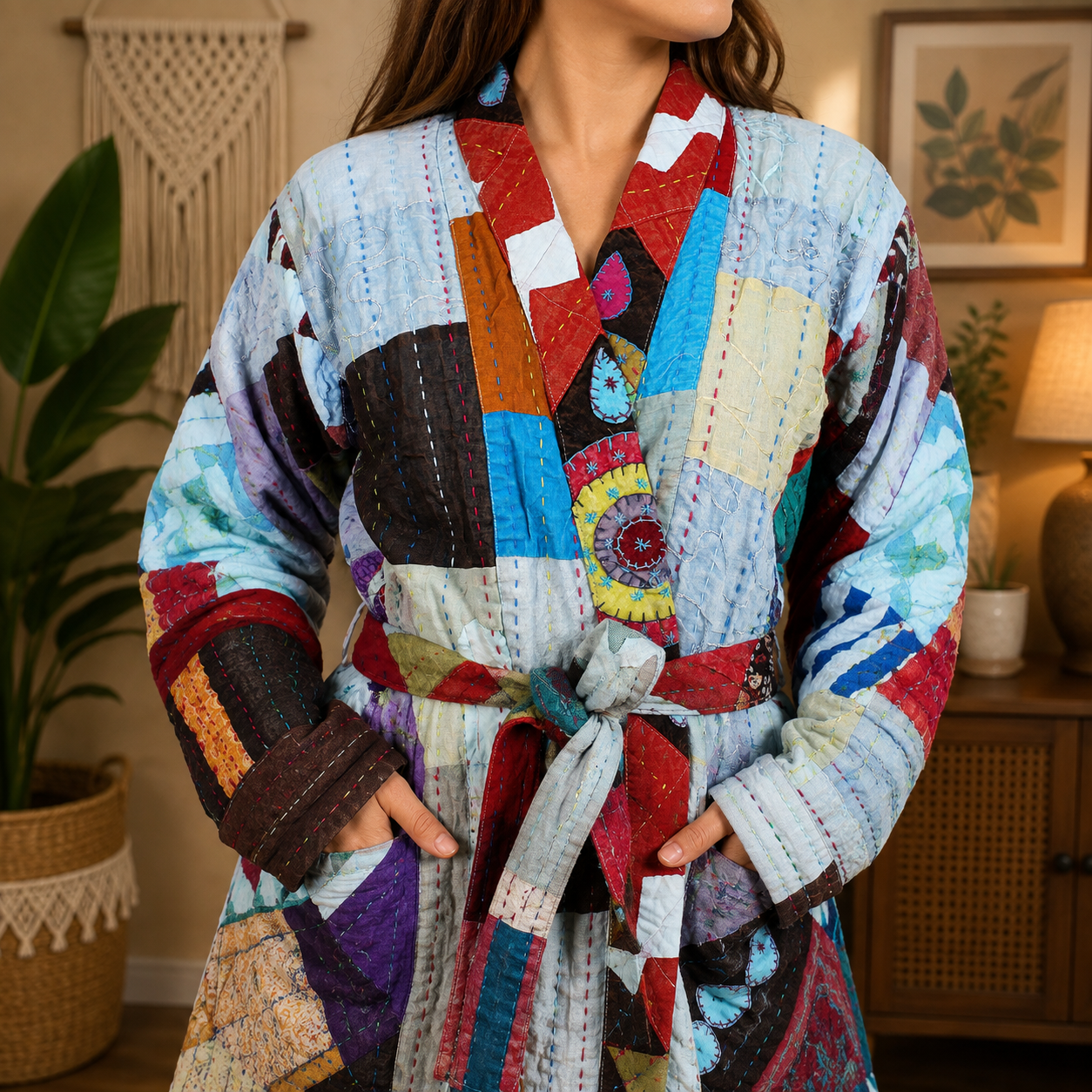 Light Blue Multicolor Patchwork Kantha Kimono Jacket – Handmade 3 Layer Cotton Belted Boho Robe for Women - Image 5