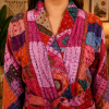 Pink & Red Multicolor Patchwork Kantha Kimono Jacket – Handmade 3 Layer Cotton Belted Boho Robe for Women - Image 5