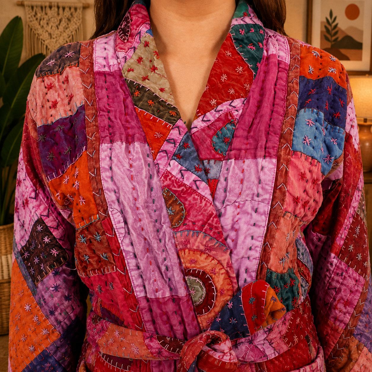 Pink & Red Multicolor Patchwork Kantha Kimono Jacket – Handmade 3 Layer Cotton Belted Boho Robe for Women - Image 5