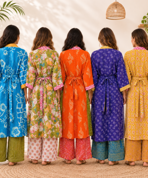 Alternative view of Vintage Kantha Kimono Robe 1 Pcs – Reversible Cotton Sari Patchwork Long Jacket