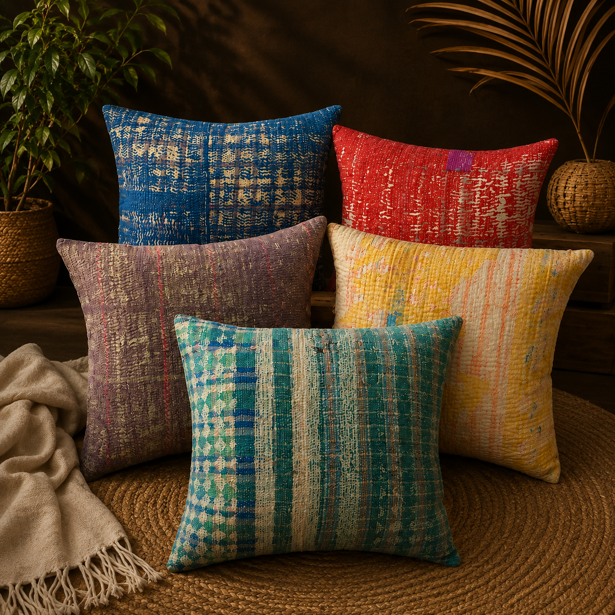 Set of 5 Vintage Kantha Pillow Covers 18x18 Inches – Handmade Patchwork Cushion Covers, Boho Indian Home Decor - Image 4