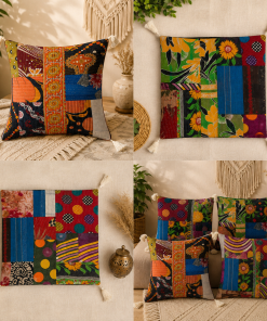 Alternative view of Vintage Kantha Patchwork Pillow Cover 18x18 Inch – Handmade Colorful Boho Cushion Cover, Indian Cotton Decorative Throw Pillow – 5 Piece
