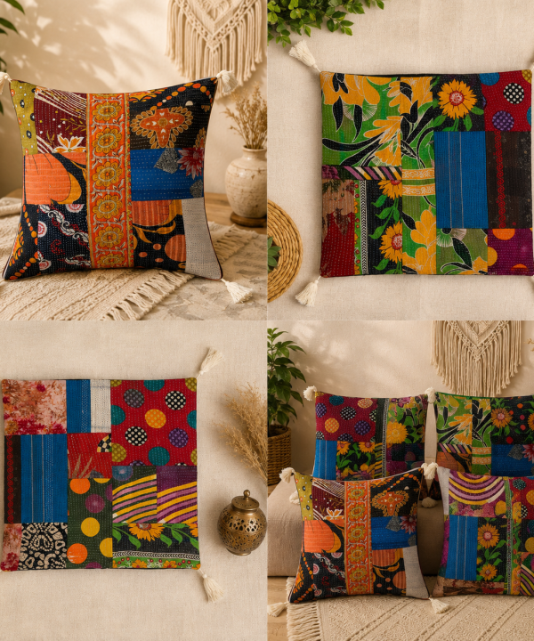Alternative view of Vintage Kantha Patchwork Pillow Cover 18x18 Inch – Handmade Colorful Boho Cushion Cover, Indian Cotton Decorative Throw Pillow – 5 Piece