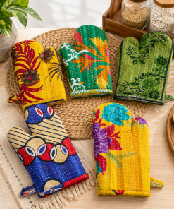 Alternative view of Vintage Kantha Oven Mitts Pair – Handmade Cotton Sari Quilted Kitchen Gloves