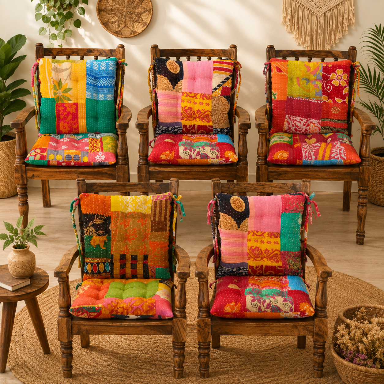 12x12 Vintage Kantha Chair Pad – Handmade Patchwork Cotton Seat Cushion - Image 5