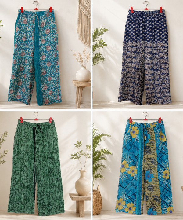 Vintage Kantha Wide Leg Pants 1 Pcs, Handmade Cotton Sari Palazzo Trousers, Boho Printed Relaxed Pants, Assorted Indian Kantha Bottoms