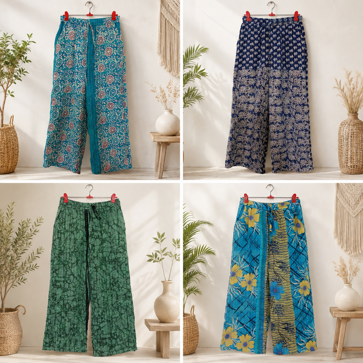 Vintage Kantha Wide Leg Pants 1 Pcs, Handmade Cotton Sari Palazzo Trousers, Boho Printed Relaxed Pants, Assorted Indian Kantha Bottoms