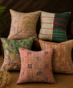 Set of 5 Vintage Kantha Pillow Covers 18x18 Inches – Handmade Patchwork Cushion Covers, Boho Indian Home Decor