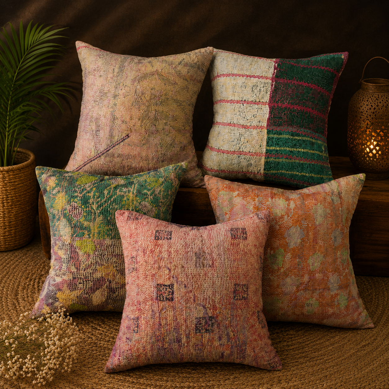 Set of 5 Vintage Kantha Pillow Covers 18x18 Inches – Handmade Patchwork Cushion Covers, Boho Indian Home Decor - Image 3