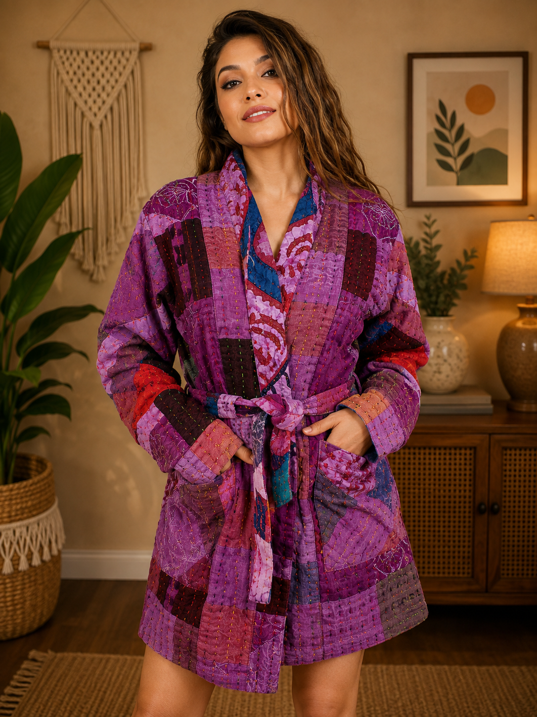 Purple Multicolor Patchwork Kantha Kimono Jacket – Handmade 3 Layer Cotton Belted Boho Robe for Women - Image 5