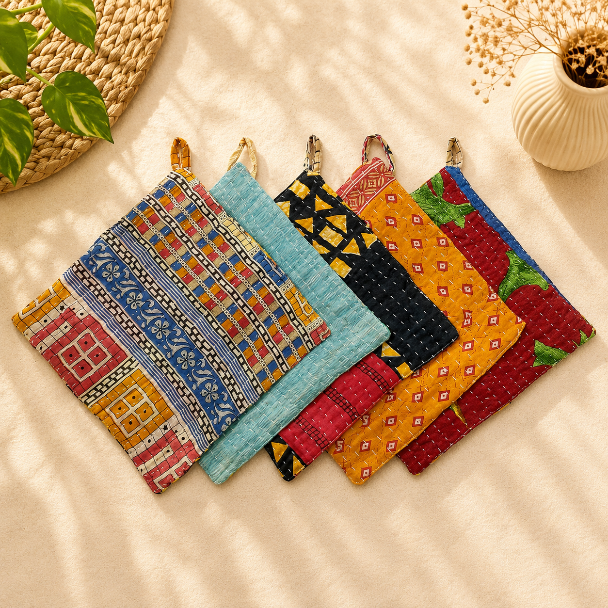 Set of 4 Vintage Kantha Pot Holders – Handmade Cotton Sari Hot Pads