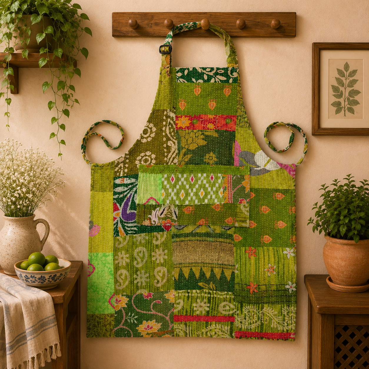 Green Vintage Kantha Patchwork Apron – Handmade Cotton Sari Kitchen Apron - Image 5