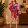Pink & Purple Multicolor Patchwork Kantha Kimono Jacket – Handmade 3 Layer Cotton Belted Boho Robe for Women - Image 2