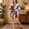 Light Blue Multicolor Patchwork Kantha Kimono Jacket – Handmade 3 Layer Cotton Belted Boho Robe for Women - Image 3