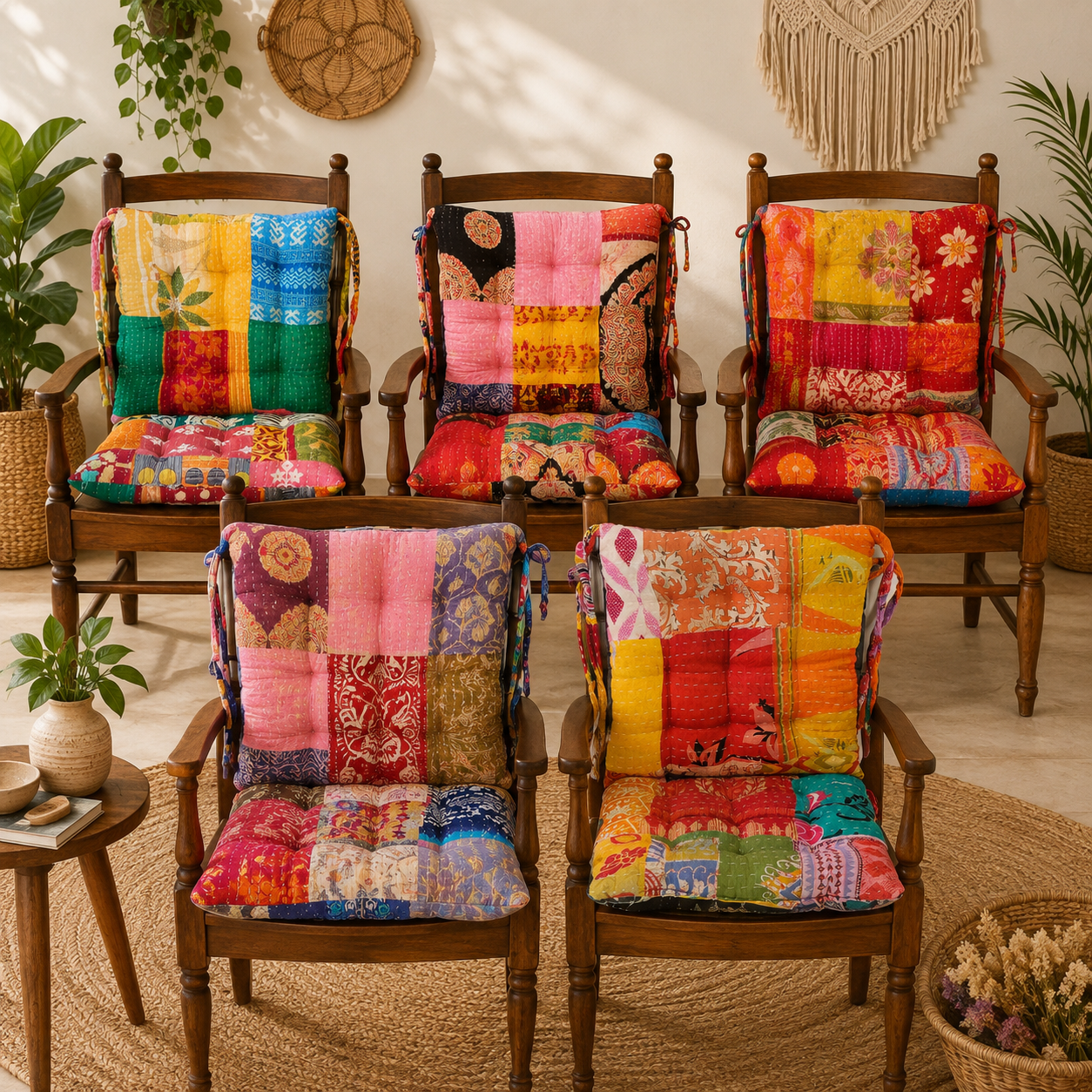 12x12 Vintage Kantha Chair Pad – Handmade Patchwork Cotton Seat Cushion - Image 3