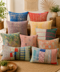 Set of 5 Vintage Kantha Pillow Covers 18x18 Inches – Handmade Patchwork Cushion Covers, Boho Indian Home Decor