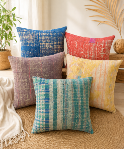 Set of 5 Vintage Kantha Pillow Covers 18x18 Inches – Handmade Patchwork Cushion Covers, Boho Indian Home Decor